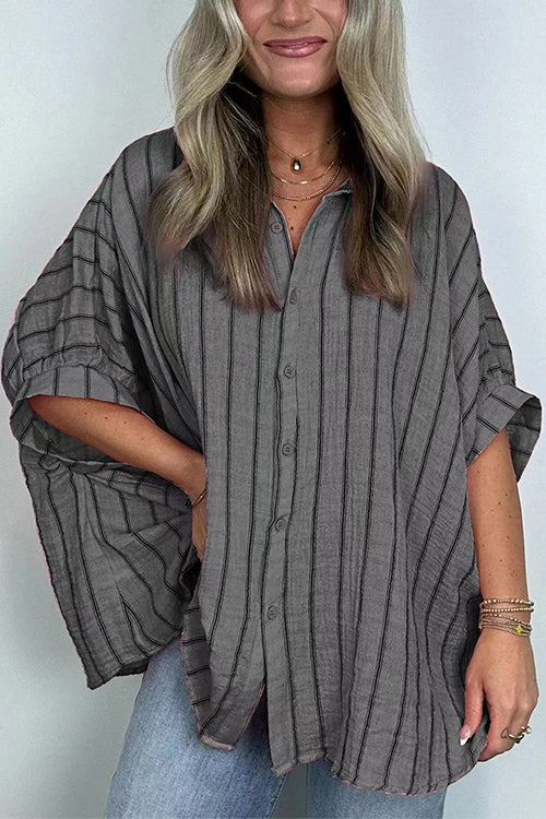 Mixiedress Oversized Button Down Batwing Sleeves Striped Shirt