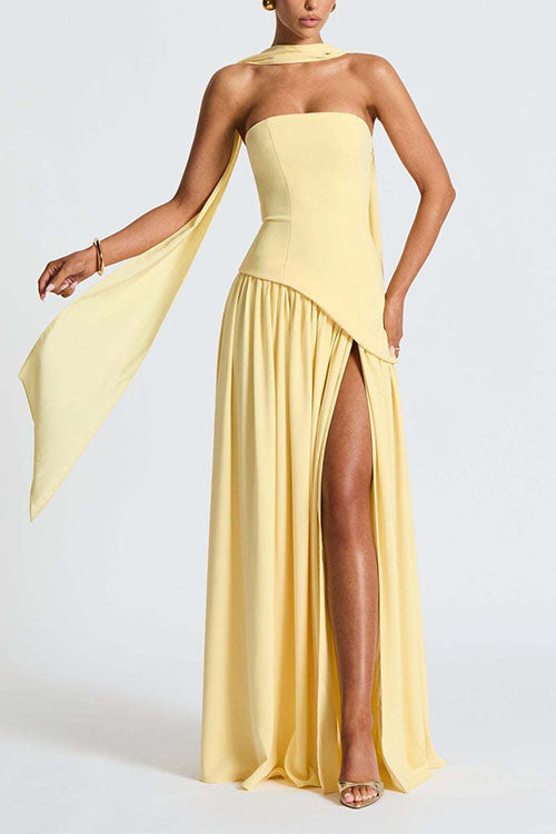 Mixiedress Strapless Back Lace-up High Slit Splice Maxi Dress