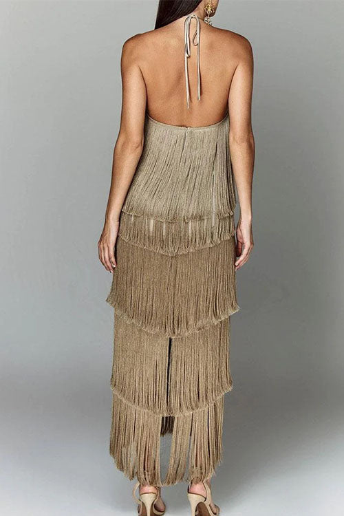 Mixiedress Chicest Halter Ruffle Layered Fringe Maxi Party Dress