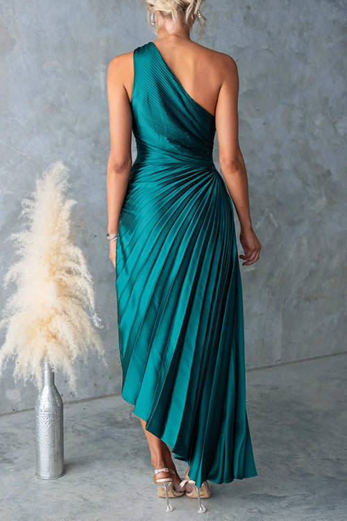 Mixiedress One Shoulder Cut Out Waist Pleated Satin Maxi Dress