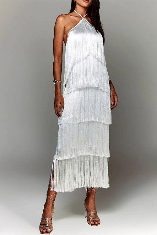 Mixiedress Chicest Halter Ruffle Layered Fringe Maxi Party Dress