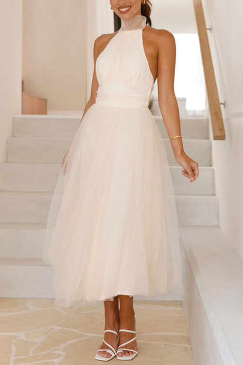 Mixiedress Halter Open Back Waisted Tulle Midi Dress