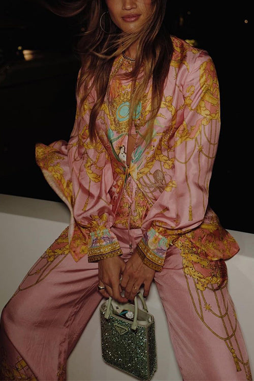 Mixiedress Unique Print Lantern Long Sleeves Blouse Shirt and Wide Leg Pants Holiday Outfit Set