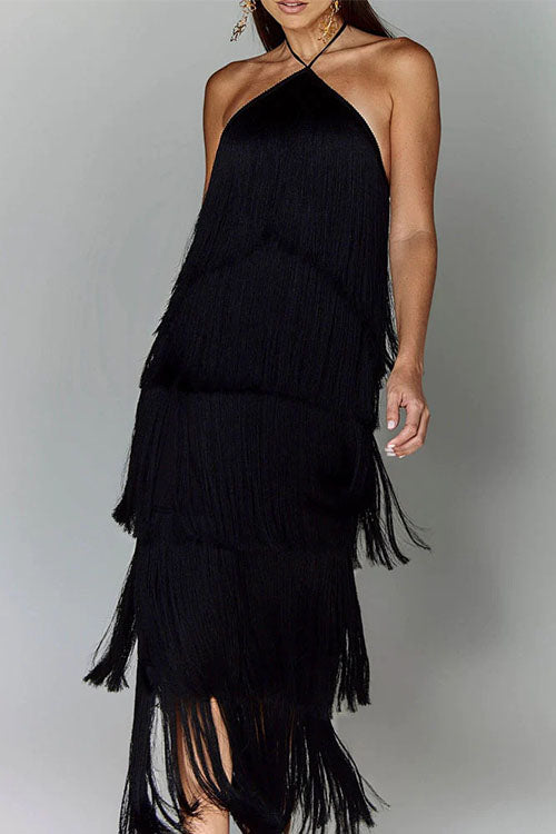 Mixiedress Chicest Halter Ruffle Layered Fringe Maxi Party Dress
