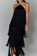 Mixiedress Chicest Halter Ruffle Layered Fringe Maxi Party Dress
