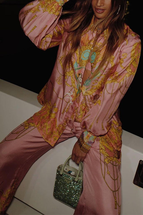 Mixiedress Unique Print Lantern Long Sleeves Blouse Shirt and Wide Leg Pants Holiday Outfit Set