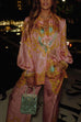 Mixiedress Unique Print Lantern Long Sleeves Blouse Shirt and Wide Leg Pants Holiday Outfit Set
