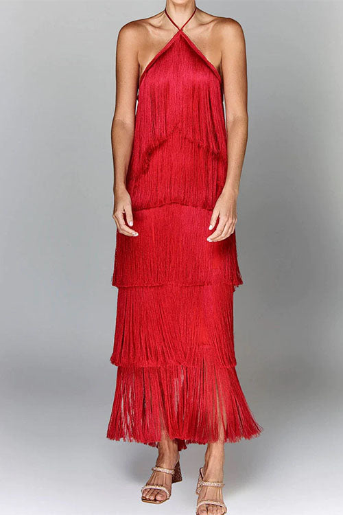 Mixiedress Chicest Halter Ruffle Layered Fringe Maxi Party Dress