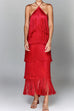 Mixiedress Chicest Halter Ruffle Layered Fringe Maxi Party Dress