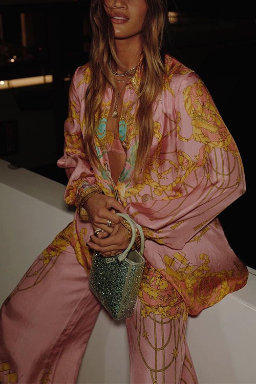 Mixiedress Unique Print Lantern Long Sleeves Blouse Shirt and Wide Leg Pants Holiday Outfit Set