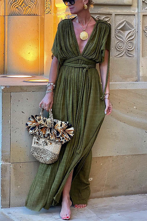 Mixiedress Deep V Neck Tie Waist Side Slit Maxi Vacation Dress