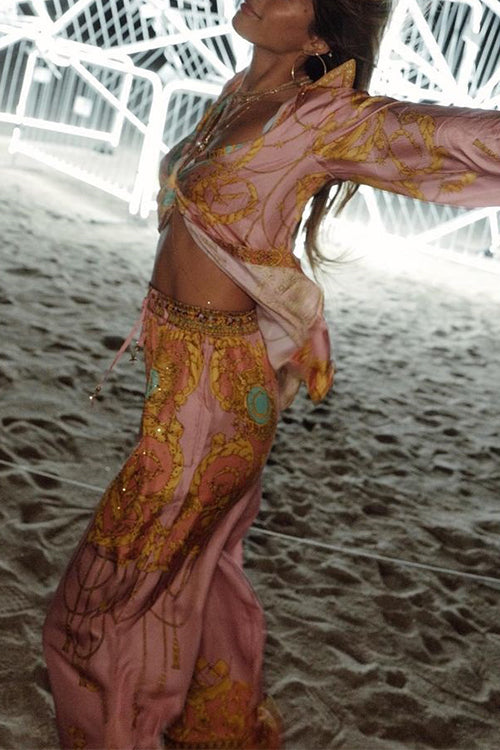 Mixiedress Unique Print Lantern Long Sleeves Blouse Shirt and Wide Leg Pants Holiday Outfit Set