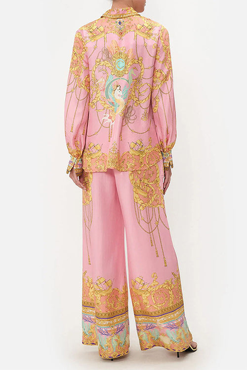 Mixiedress Unique Print Lantern Long Sleeves Blouse Shirt and Wide Leg Pants Holiday Outfit Set