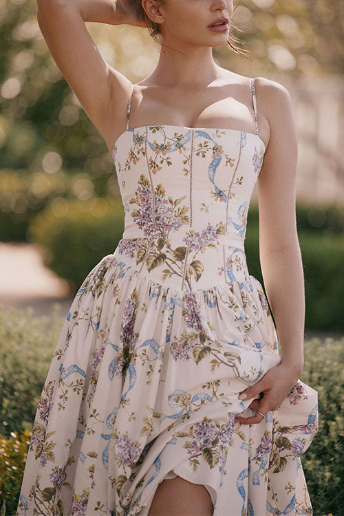 Mixiedress Spaghetti Strap Floral Print Bustier A-line Maxi Dress