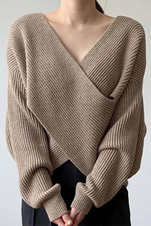 Mixiedress V Neck Criss Cross Front Ribbed Knit Sweater