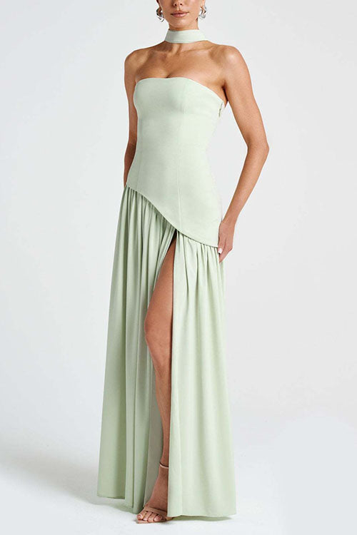 Mixiedress Strapless Back Lace-up High Slit Splice Maxi Dress