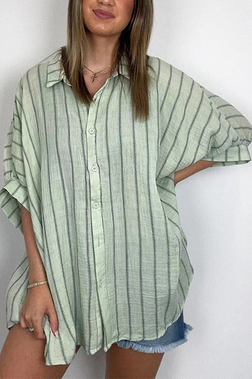 Mixiedress Oversized Button Down Batwing Sleeves Striped Shirt