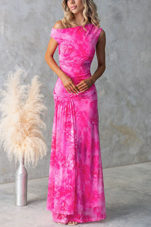 Asymmetric Shoulder Ruched Waist Floral Print Maxi Dress