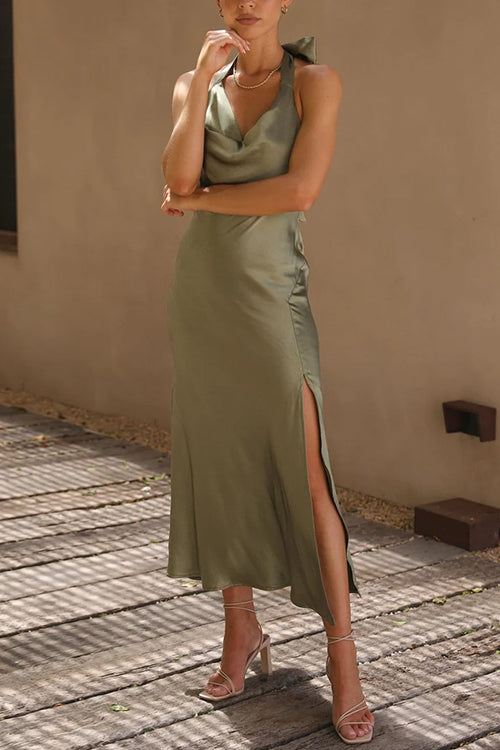 Mixiedress Sleeveless Cowl Neck Open Back Side Slit Midi Dress