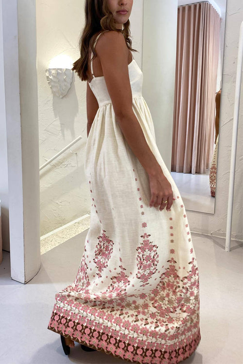 Mixiedress Spaghetti Strap High Waist Floral Print Cotton Linen Maxi Dress