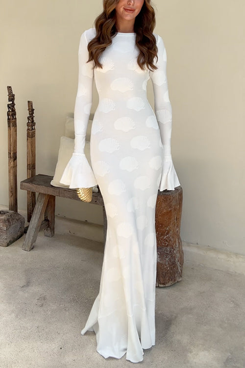 Mixiedress Bell Long Sleeves Backless Lace-up Shell Print Maxi Dress