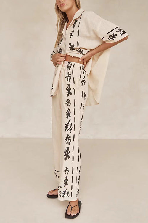 Mixiedress Cotton Linen Short Sleeves Button Down Shirt Elastic Waist Wide Leg Pants Printed Set