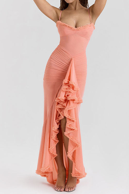 Mixiedress Spaghetti Strap Frill Trim Draped Slit Maxi Dress