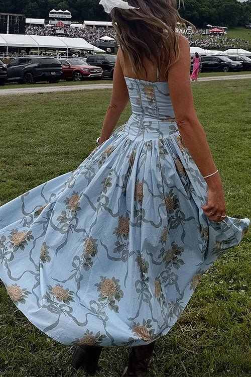 Mixiedress Spaghetti Strap Waisted Floral Print A-line Maxi Dress