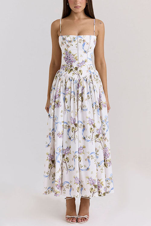 Mixiedress Spaghetti Strap Floral Print Bustier A-line Maxi Dress
