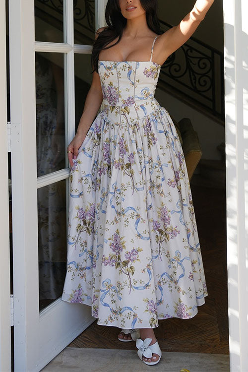 Mixiedress Spaghetti Strap Floral Print Bustier A-line Maxi Dress