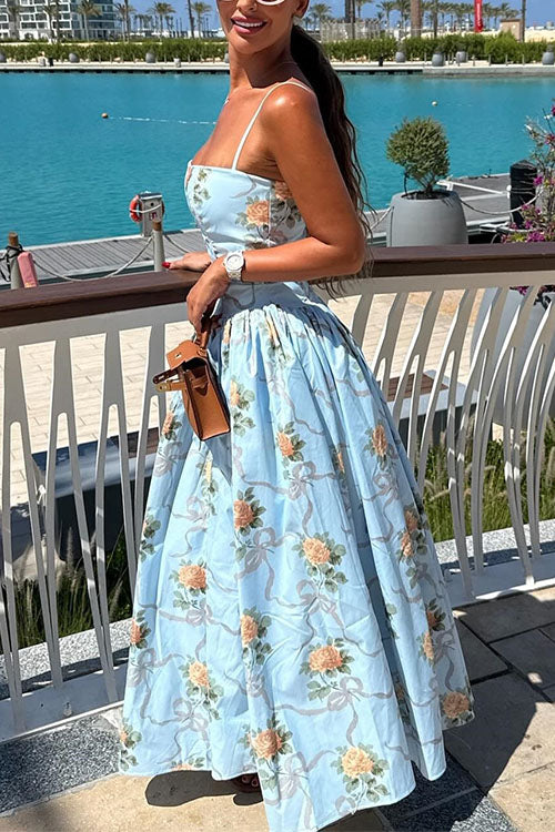 Mixiedress Spaghetti Strap Waisted Floral Print A-line Maxi Dress