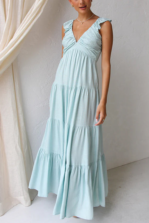 Mixiedress V Neck Ruffle Trim Tiered Sleeveless Linen Maxi Dress