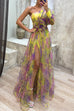 Mixiedress One Shoulder Waisted High Slit Mesh Overlay Printed Maxi Dress