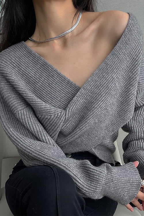 Mixiedress V Neck Criss Cross Front Ribbed Knit Sweater