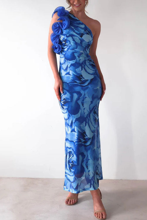 Mixiedress Ruffle One Shoulder Floral Print Bodycon Maxi Dress