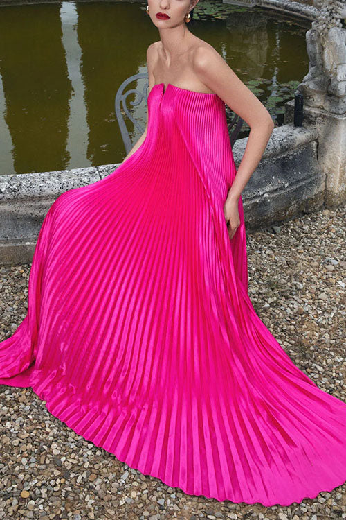 Strapless V Neck Pleated Maxi Party Dress