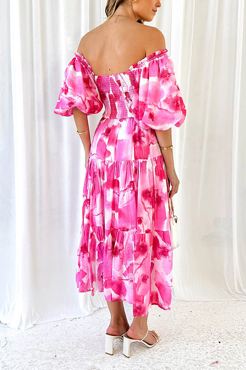 Mixiedress Off Shoulder Puff Sleeves Ruffle Tiered Printed Midi Dress