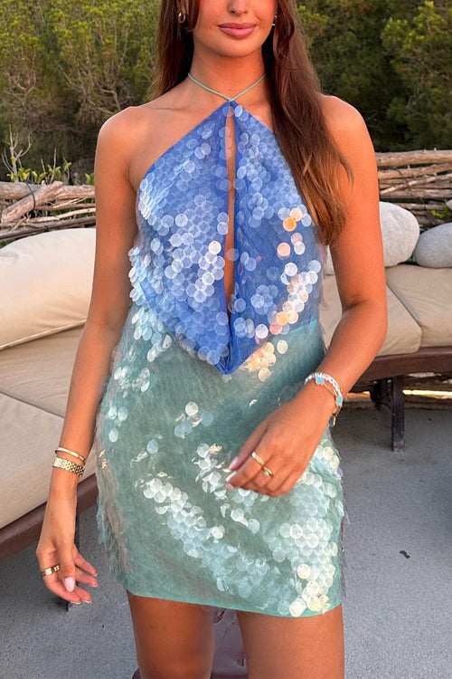 Mixiedress Halter Sleeveless Cut Out Sequin Mini Party Dress