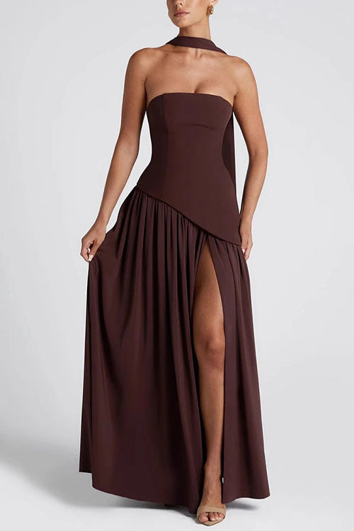 Mixiedress Strapless Back Lace-up High Slit Splice Maxi Dress