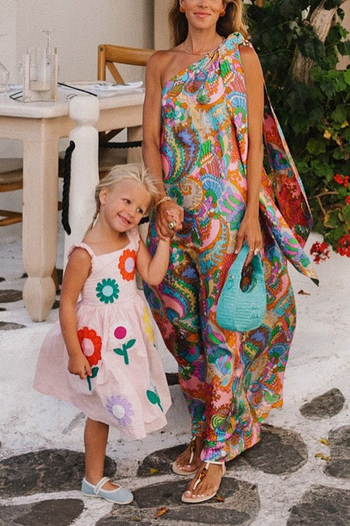 Tie Knot One Shoulder Unique Print Maxi Vacation Dress