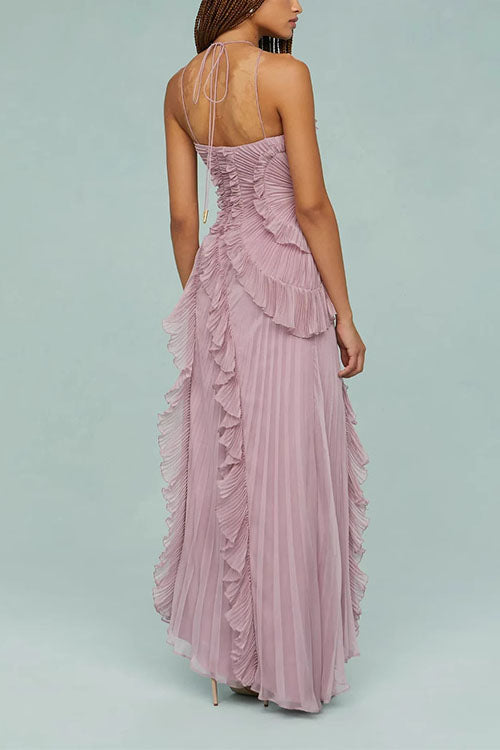 Mixiedress Strappy Halter Neck Ruffle Trim Asymmetric Hem Pleated Maxi Dress