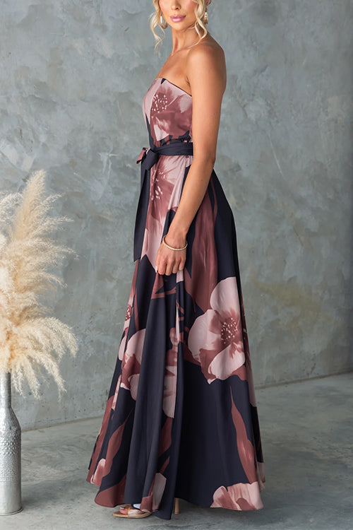 Strapless Tie Waist Floral Print Flowy Maxi Dress