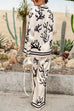 Mixiedress Coral Reef Print Long Sleeves Blouse Shirt Wide Leg Pants Satin Set