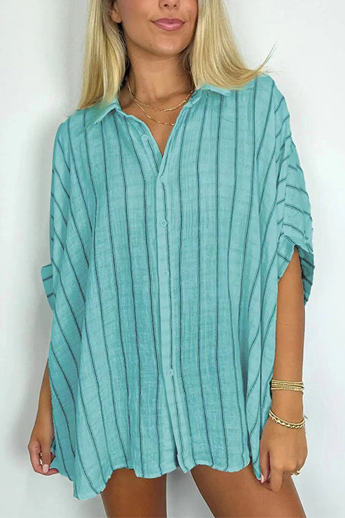 Mixiedress Oversized Button Down Batwing Sleeves Striped Shirt