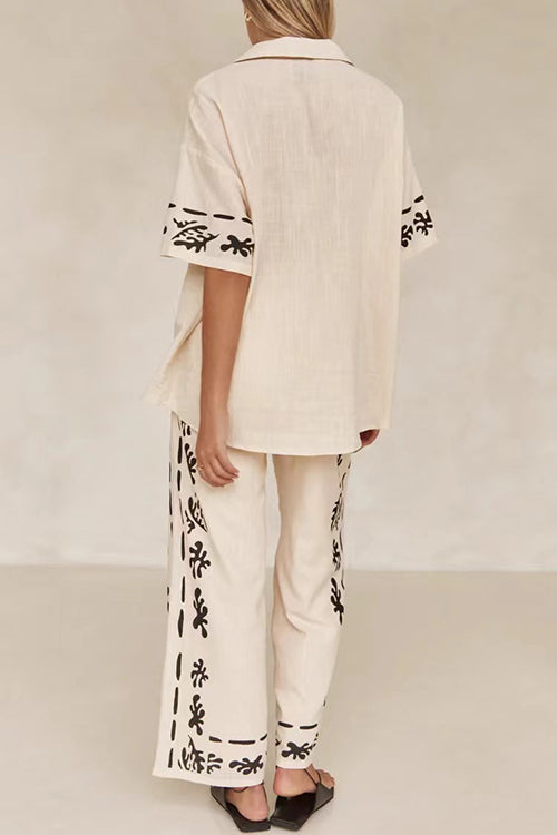 Mixiedress Cotton Linen Short Sleeves Button Down Shirt Elastic Waist Wide Leg Pants Printed Set