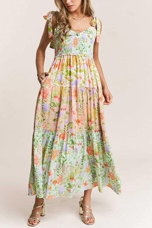 Mixiedress V Neck Bow Shoulder Tiered Floral Print Maxi Dress