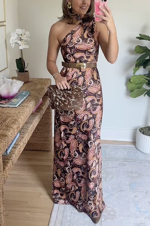 One Shoulder Sleeveless Paisley Print Maxi Dress