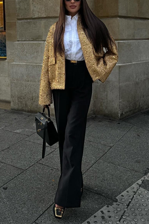 Mixiedress Stand Collar Zip Up Pocketed Sequin Jacket