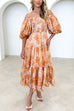 Mixiedress Off Shoulder Puff Sleeves Tiered Printed Midi Holiday Dress