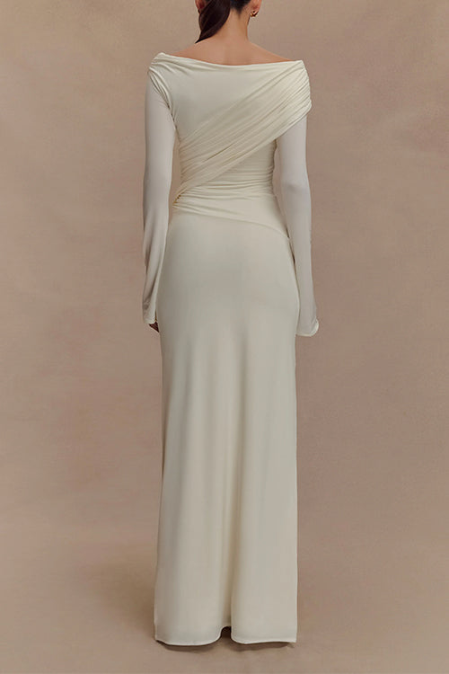 Off Shoulder Long Sleeves Ruched Solid Maxi Dress